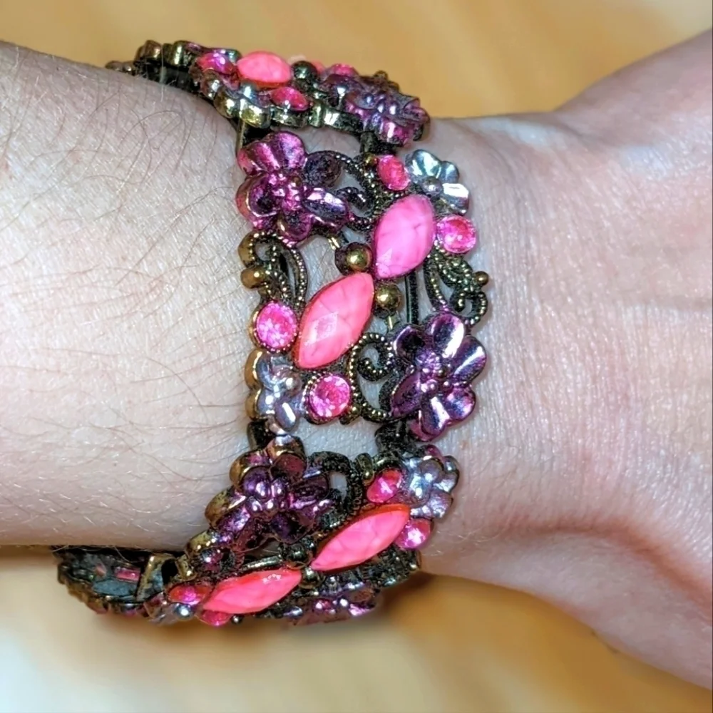 Vintage Pink Metal Floral Hinged Bracelet